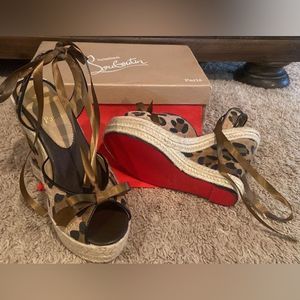 Christian Louboutin Brown/Black Leopard Print Calf Hair/Fabric Isabelle Wedge